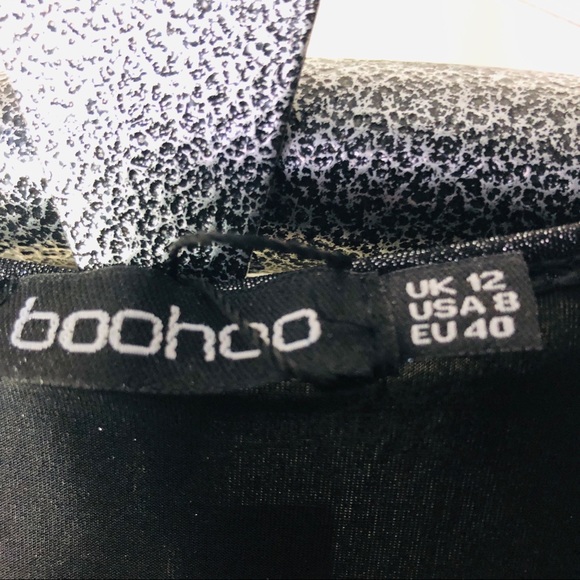 BOOHOO NWT Mini dress gunmetal grey, metallic long sleeves, deep V- neck SZ 8 - Picture 5 of 11